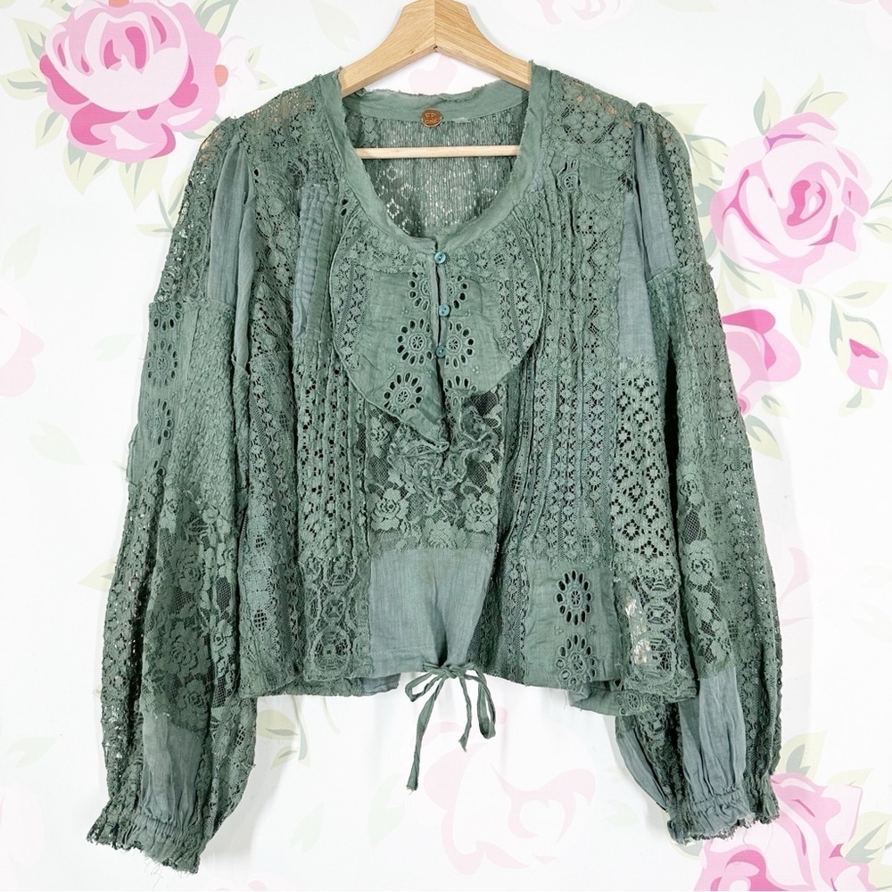 NEW Free People FP One Naya Lace Green Sea Spray Boho Blouse M